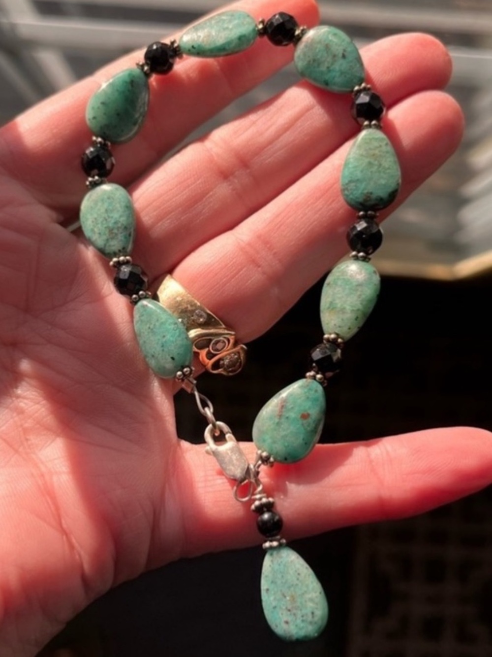 925 Vintage Turquoise-Tone Teardrop Beaded Bracelet Black Faceted Accents